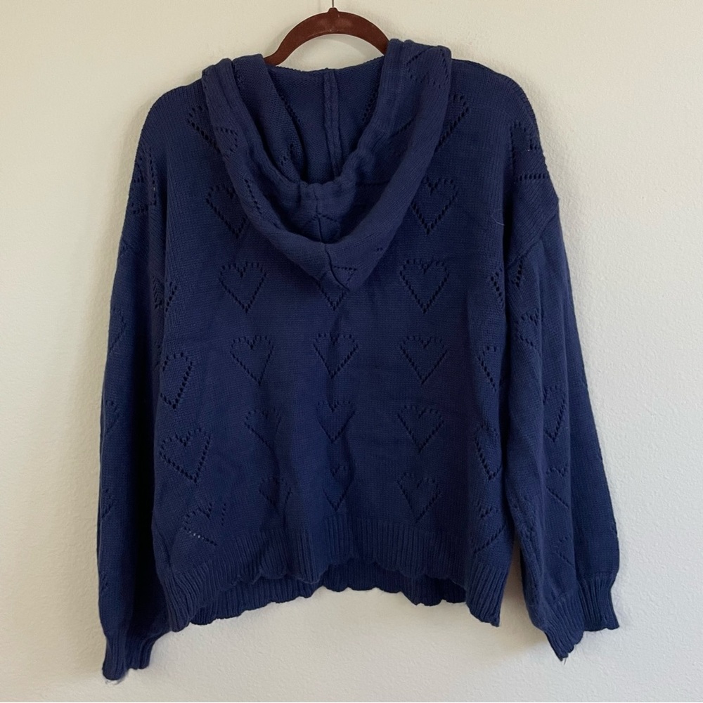 &Merci Navy Heart Knit V-Neck Hoodie Sweater Size M - Picture 5 of 8